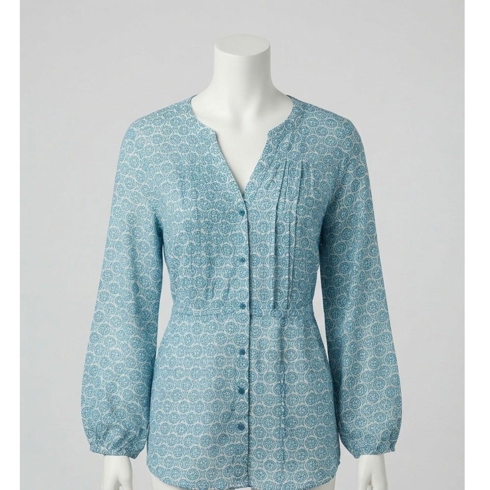 Terra & Sky Blue Medallion Print Button Down Tunic Top Drawstring Waist 0X 14W